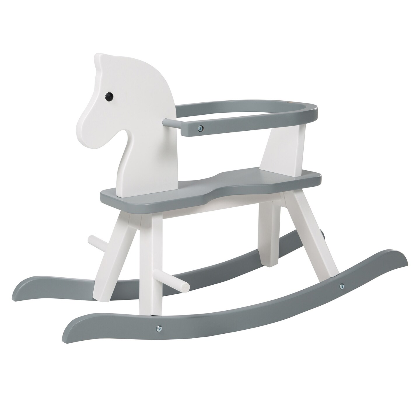 Roba Wooden Rocking Horse - White & Gray - Solid Wood Lacquered, Ride-On, Grows With the Child, Removable Protective Ring, 55 Lb Capacity, For 12+ Months