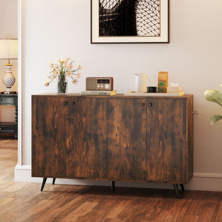 Rustic Brown-Black Engineered Wood 4-Door Buffet Sideboard with Shelves