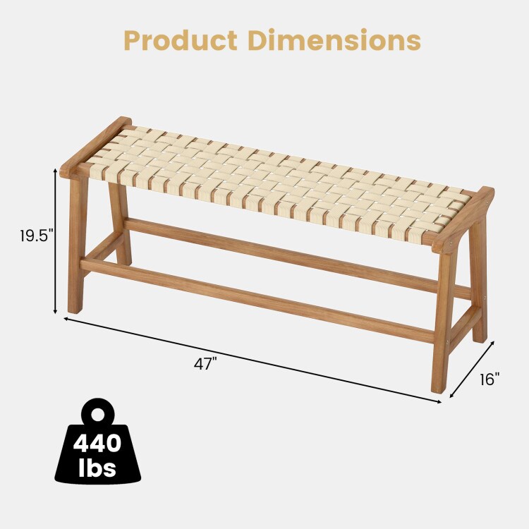 Natural-Beige Teak Wood Backless Bench with Woven Seat for Indoor and Outdoor