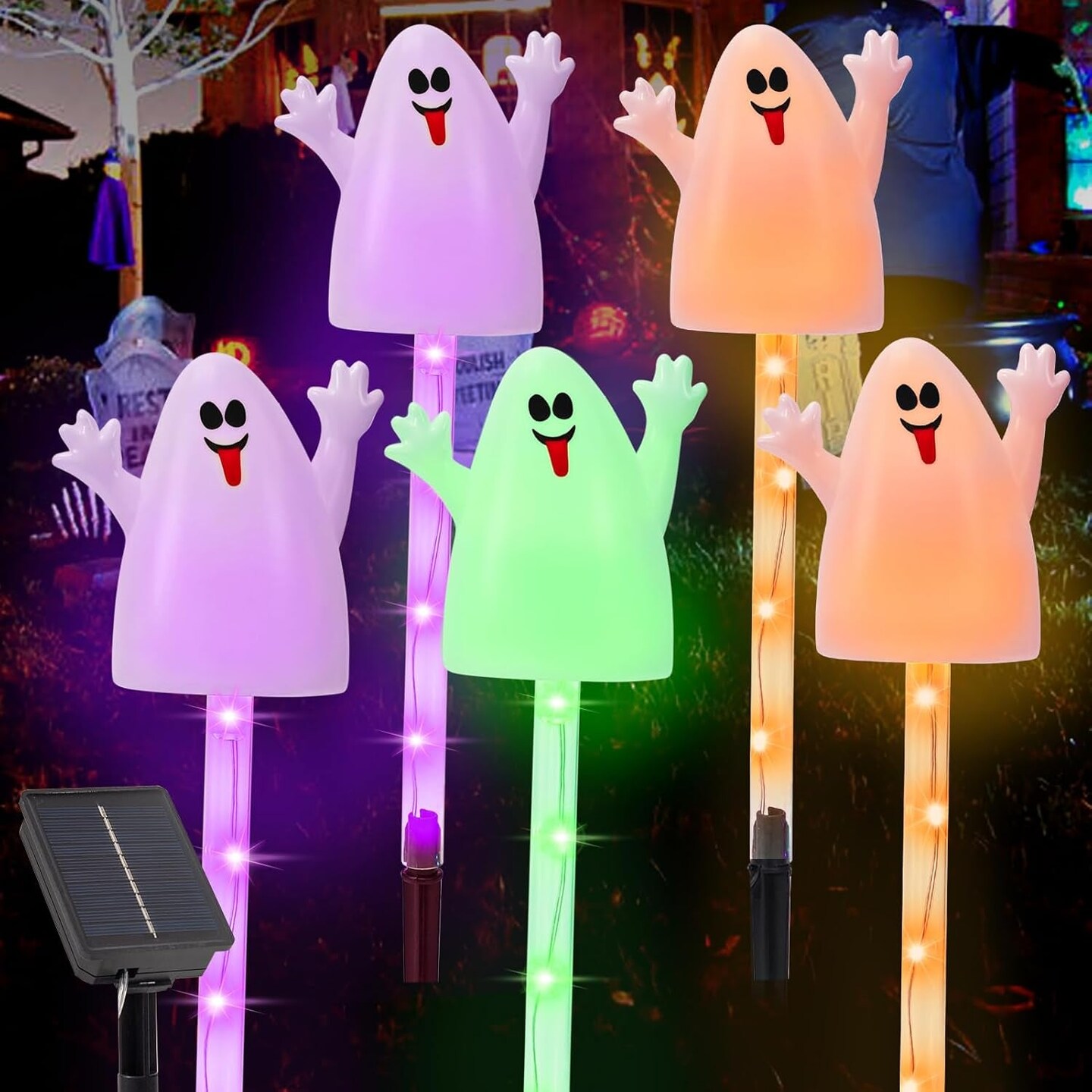 5 Pack Halloween Solar Lights,8 Modes Multicolour Ghost Garden Stake Lights,Waterproof Outdoor Halloween Decorations for Yard Lawn Patio Party (Multi Colored)