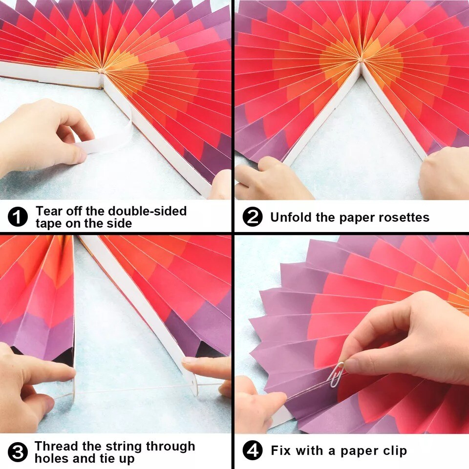 Set of 6 Vibrant Hanging Paper Fans Backdrop Rosette Flowers
