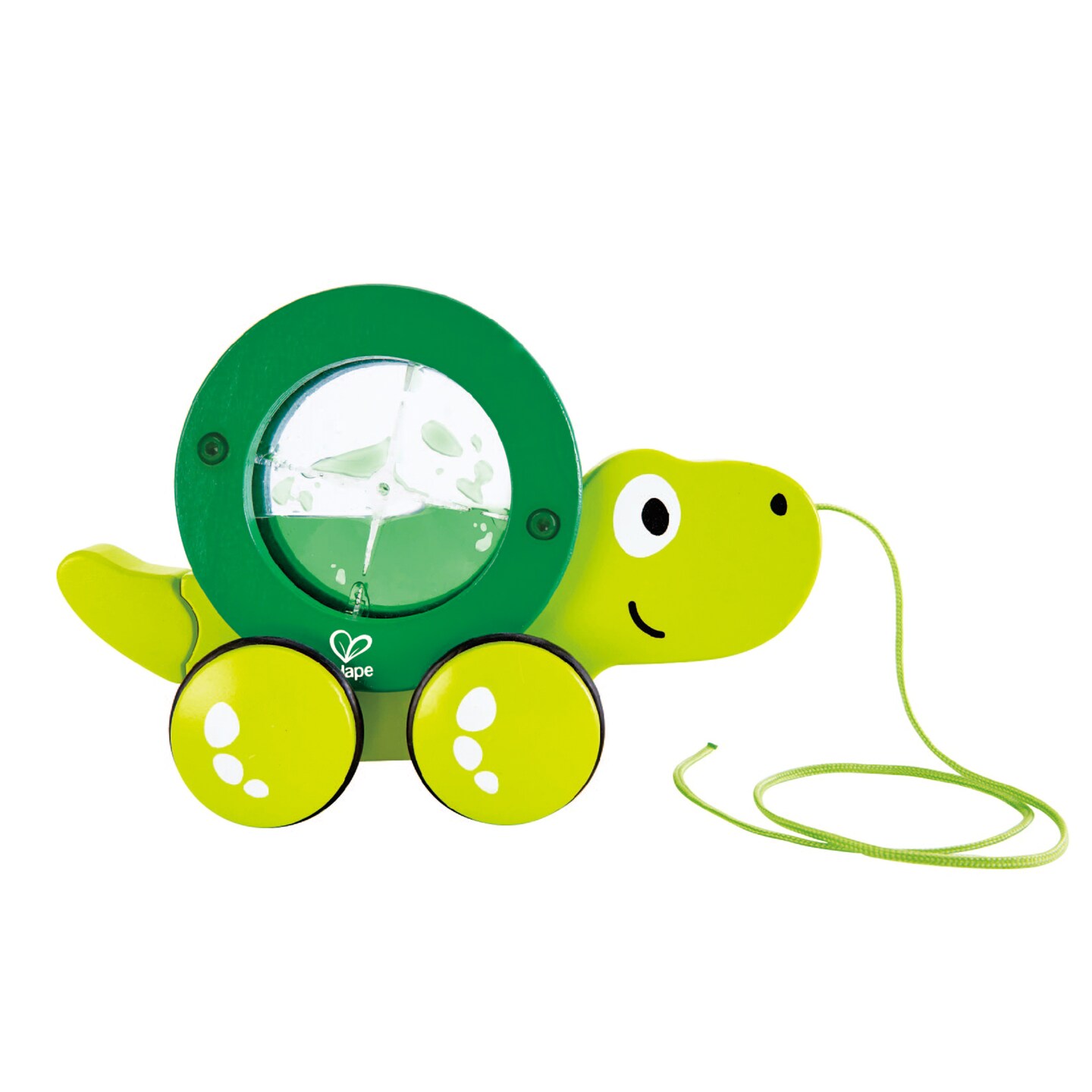 Hape: Pull Along - Tito - Wooden Green Turtle w/ Removable Water Swirling Shell, Wheeled Push &#x26; String Take Along Toy, Baby, Toddler &#x26; Kids Ages 1+