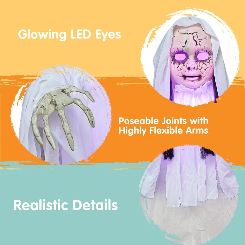 43&#x22; Halloween Hanging Ghost Decoration, Halloween Scary Hanging Ghost Girl with Light-Up Head for Halloween Outdoor, Yard, Patio Decoration, Halloween Haunted House Decorations