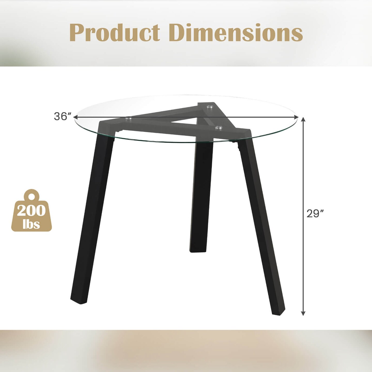 Costway 36&#x22; Round Glass Dining Table for 4 with Tempered Glass Tabletop Rubber Wood Frame Natural/Black