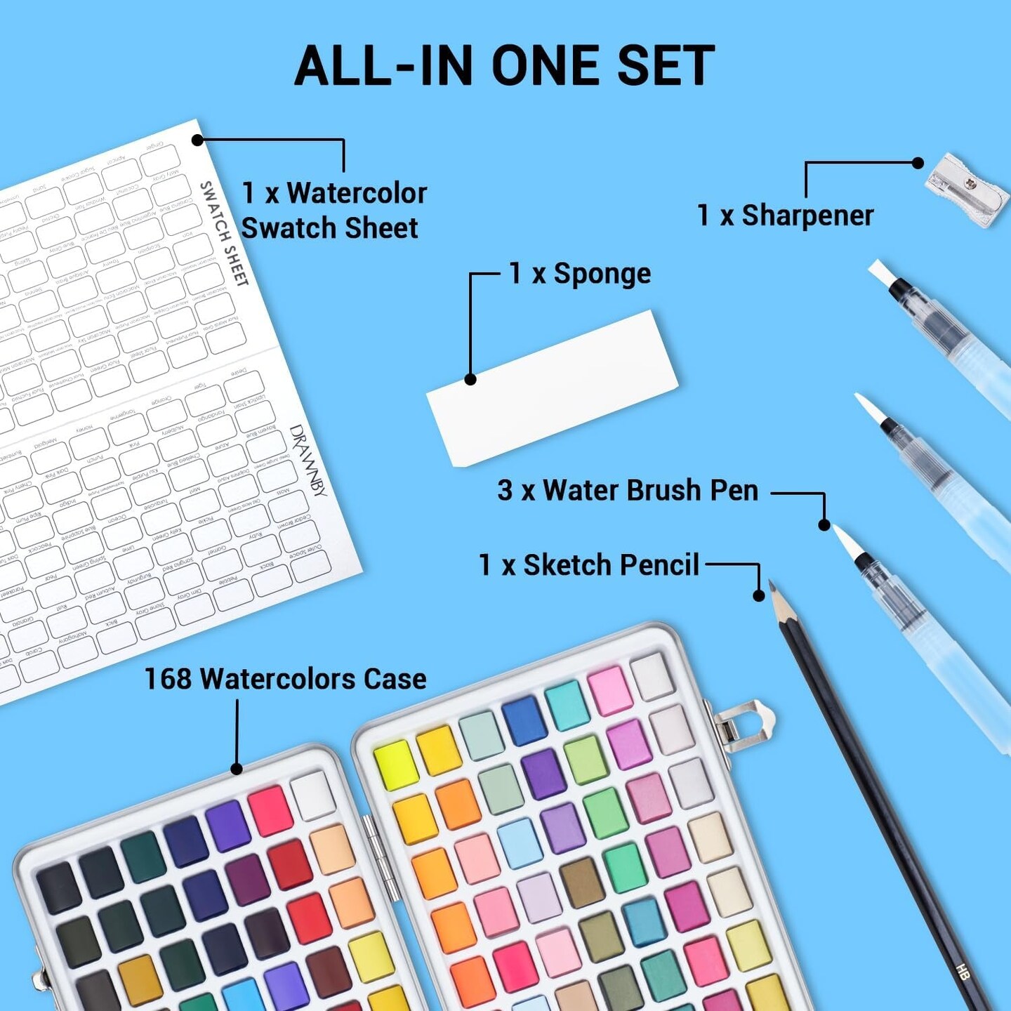 Watercolor Paint Set, 168 Vivid Colors with Regular, Macaron, Metallic &#x26; Fluorescent Colors, Travel Watercolor Set Including Palette, Water Brush Pens, Art Supplies Kit Great for Artists, Beginners