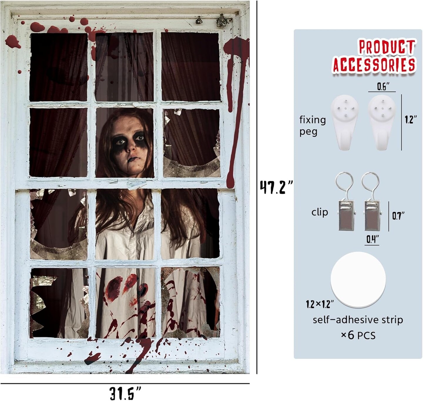 Scary Halloween Window Decorations, 31.5 * 47.2&#x22; Female Ghost Curtain, Silhouette with Hanging Accessories, Covers Decoration Indoor Outdoor, Drak Grey