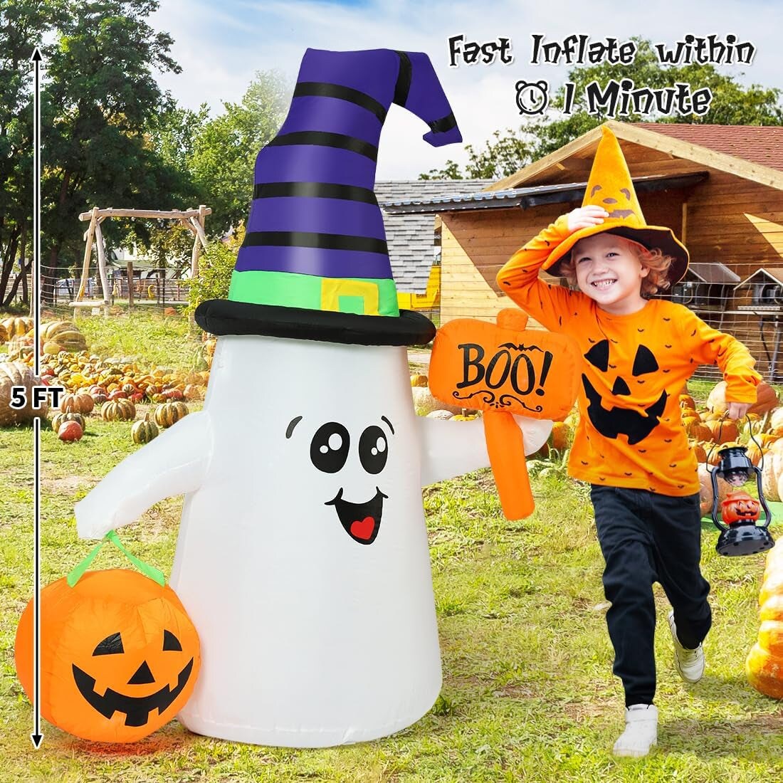 5 FT Halloween Inflatables Ghost Outdoor Decorations Blow up Yard Cute Wizard Ghost with Pumpkin with Built-In Leds for Garden Lawn Indoor Party Holiday Decor