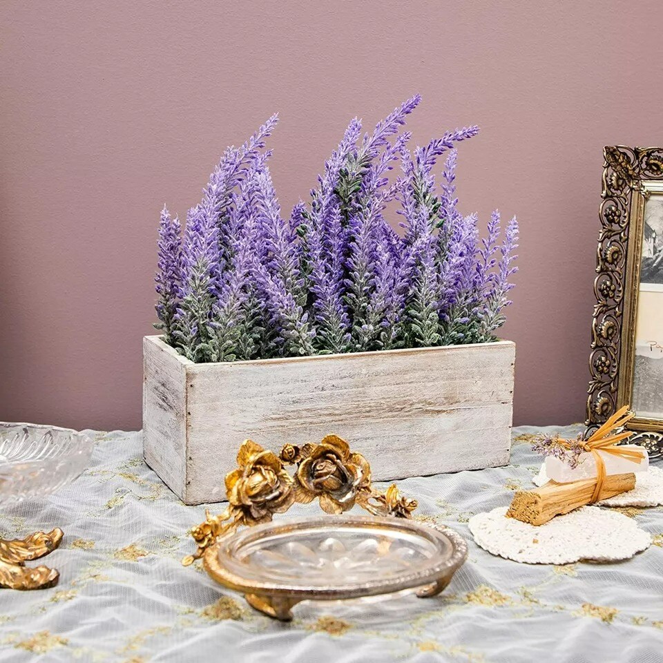 Artificial Lavender Fake Flower Plant in Rustic Pot Wooden Box for Decorations