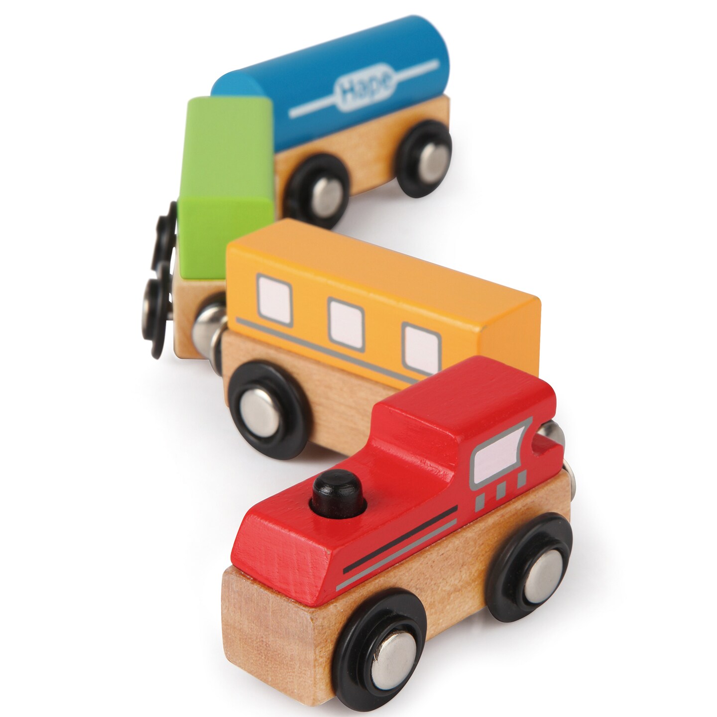 Hape: Qubes: Magnetic Classic Train&#xA0;- 4pc Wooden Connecting Train Set, Brightly Colored Magnetic Linking Pieces, Push &#x26; Pull Play, Kids Ages 3+