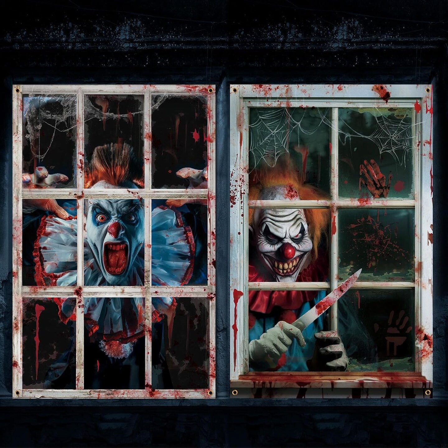 2 Pcs Scary Halloween Curtain Halloween Window Silhouette Decoration Blood Halloween Window Cover Horror Halloween Theme Window Poster for Indoor Outdoor Party Wall Door Decor (Clown)
