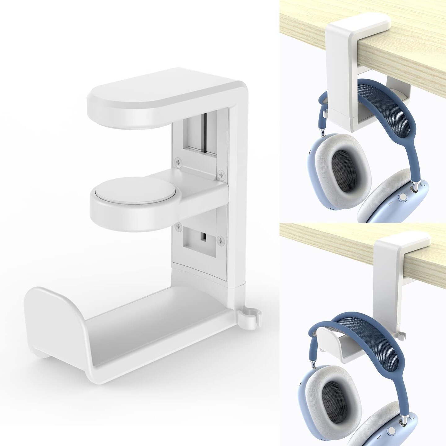 PC Gaming Headset Headphone Hook Holder Hanger Mount,Headphones Stand with Adjustable &#x26; Rotating Arm Clamp,Under Desk Design,Universal Fit,Built in Cable Clip Organizer EURPMASK White