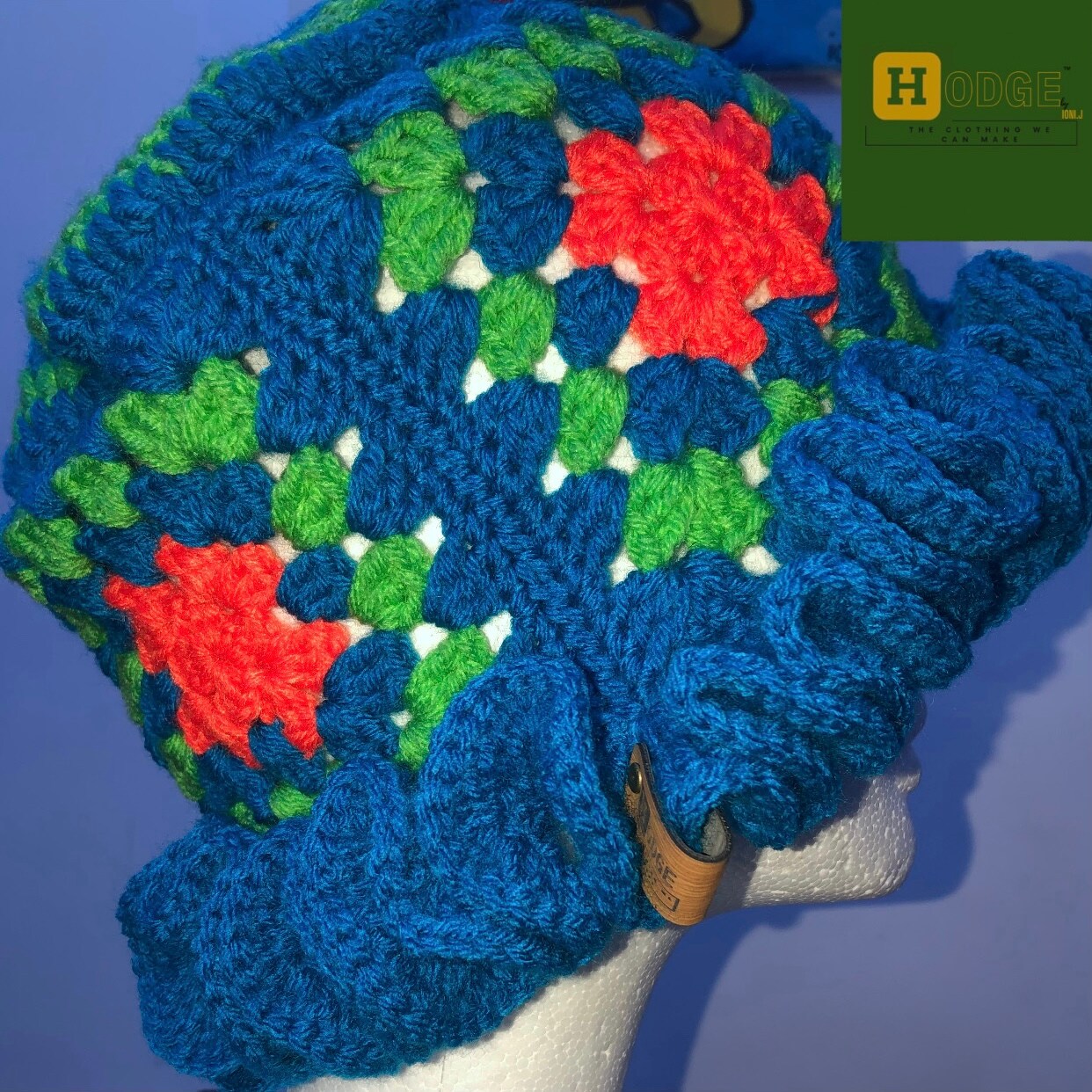 Blue Beacon Handmade Crochet Granny Stitch Ruffle Hat XL Handmade Crochet Granny Square Ruffle Hat | Blue & White - Etsy main image 3