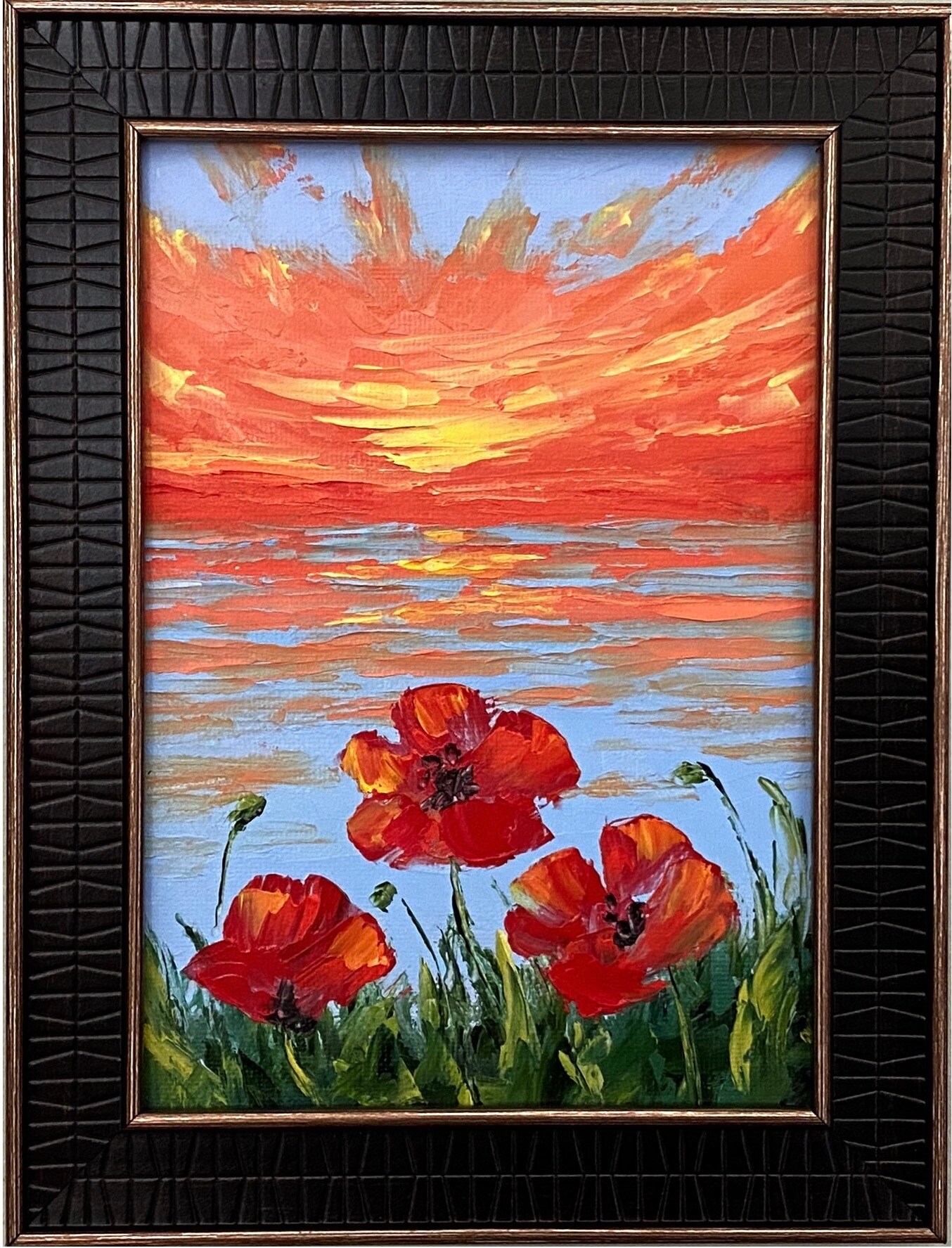 Field of Poppies Painting | Small Landscape Painting | 6x6 Painting | Art top for Shelves | Art for Small Spaces | Small Landscape Art