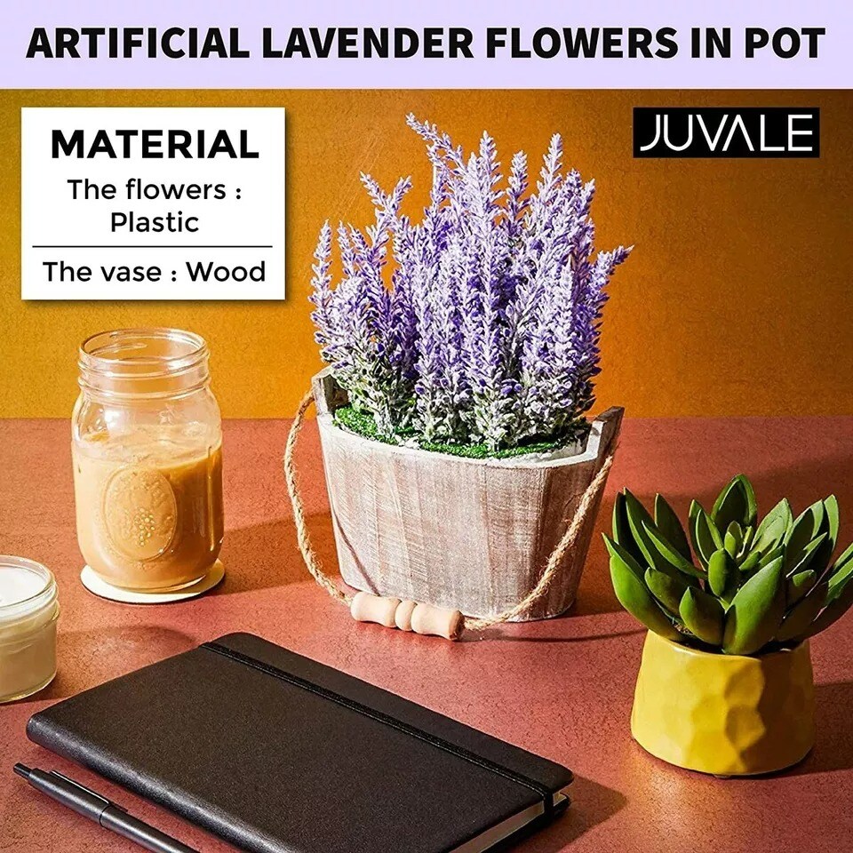 Artificial Lavender Fake Flower Plant in Rustic Oval Wooden Box for Decorations