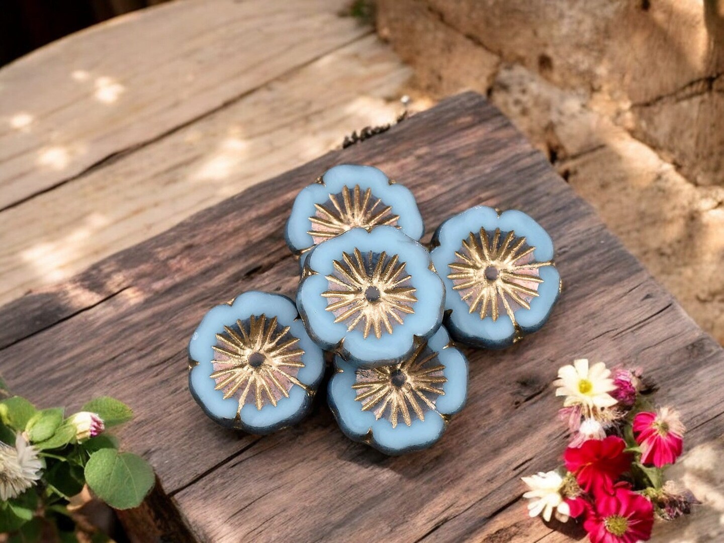 *10* 14mm Bronze & Gold Washed Sky Blue Table Cut Hawaiian Flower Beads