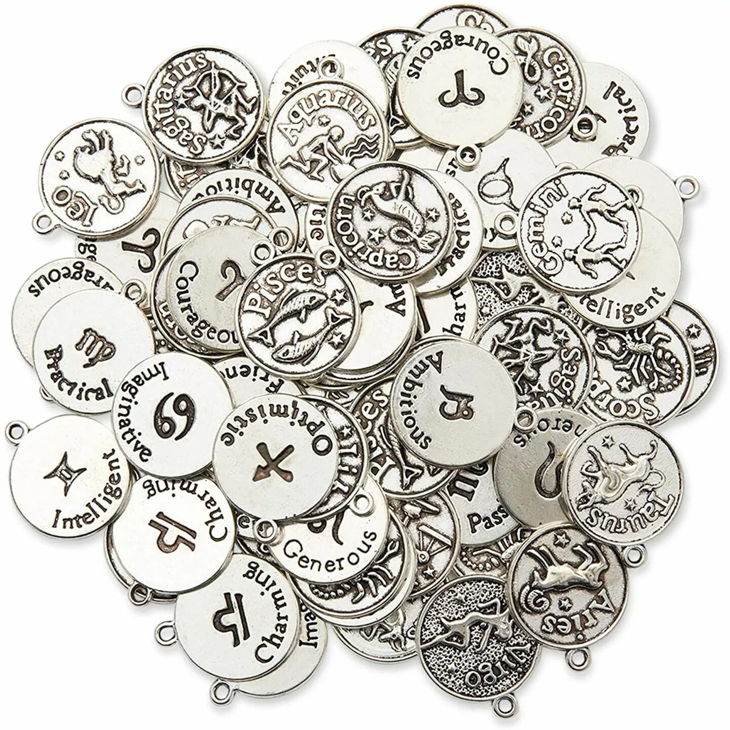 Bright Creations Zodiac Sign Charms for Jewelry Making (Silver, 72 Pieces)