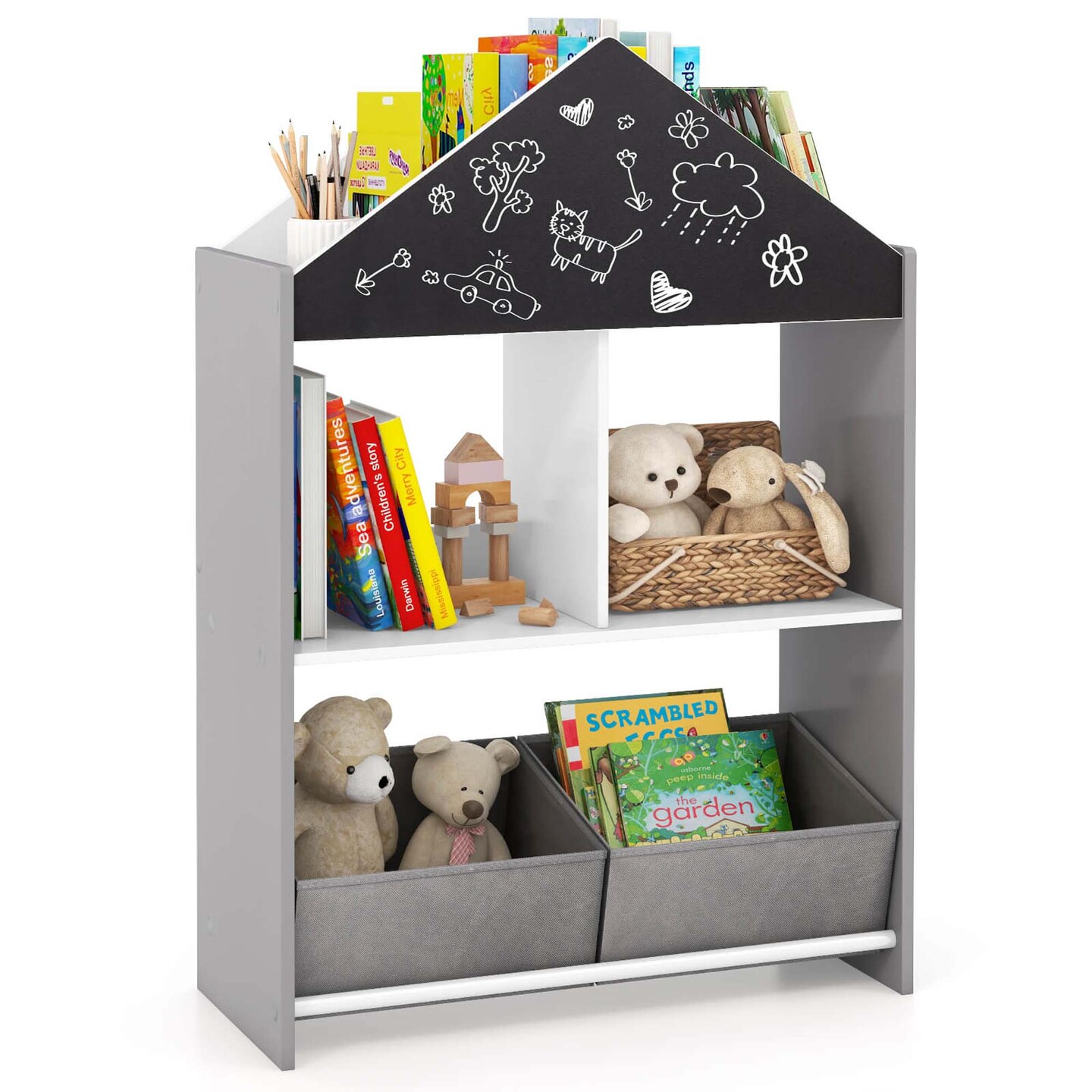 Costway Kids Dollhouse Bookshelf with Writable Chalkboard Whiteboard 4 Top Compartments Gray/Pink