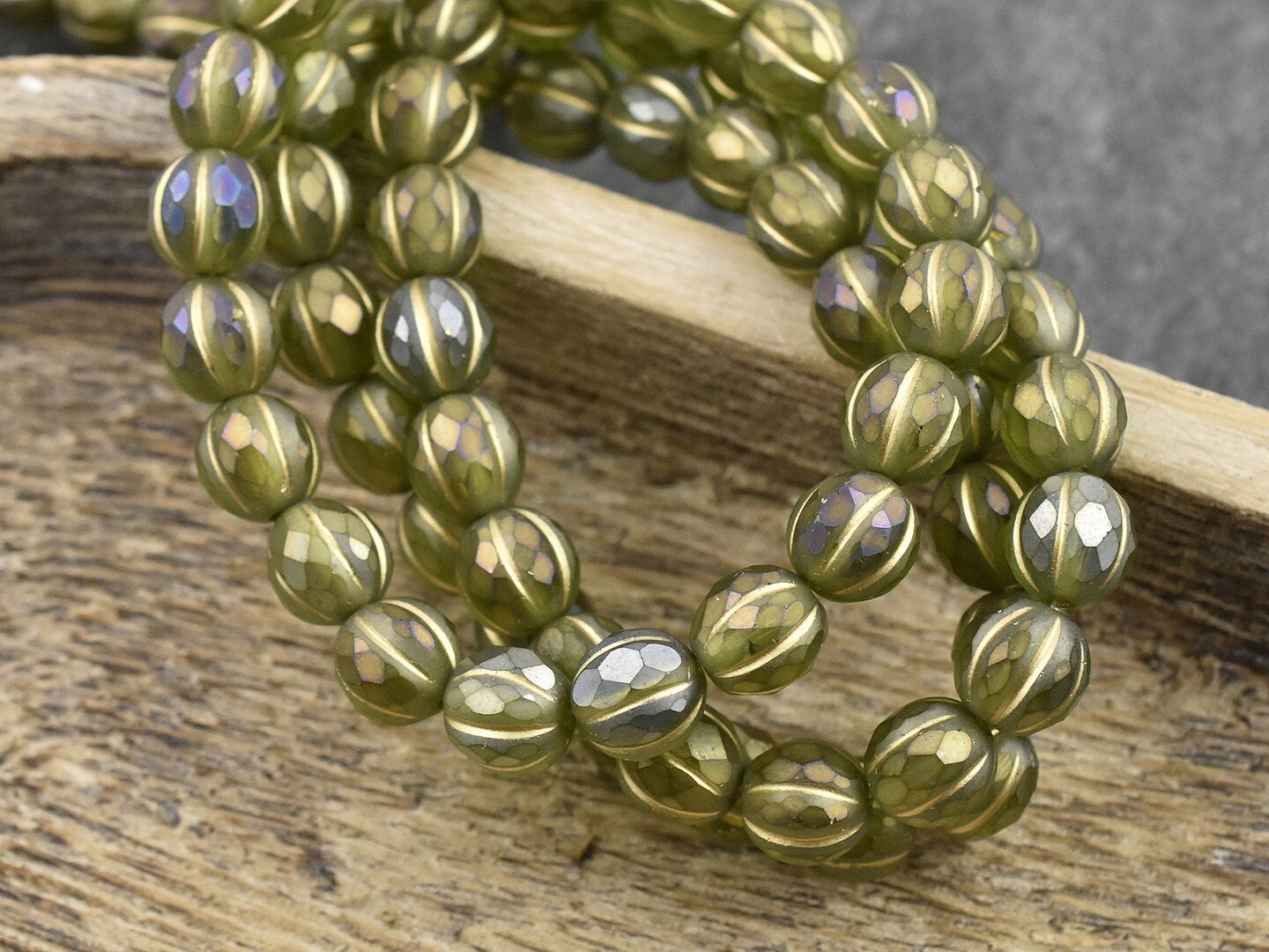 *20* 8mm Gold Washed Matte Olivine Luster Faceted Round Melon Beads