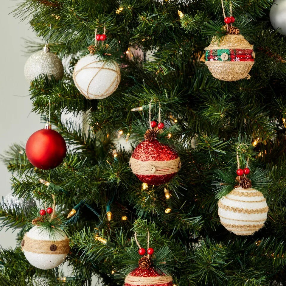 6 Pack Rustic Christmas Ornaments, Xmas Tree Decorations for Holiday Home Décor