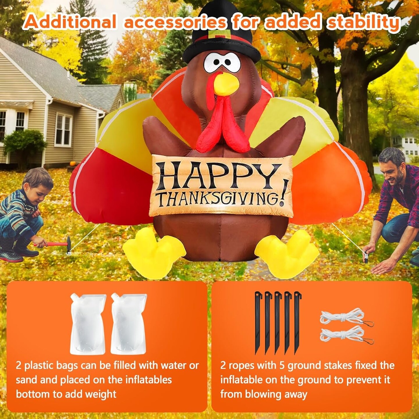 6 FT Thanksgiving Inflatables Turkey Outdoor Decorations with Colorful Big Tail &#x26; Pilgrim Hat, Built-In Leds Blow up Turkey Inflatable Yard Decoration for outside Fall Harvest Holiday Decor