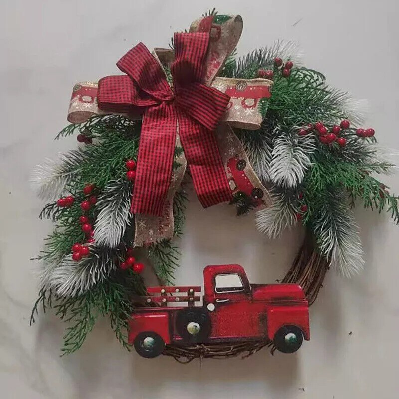 Red Truck Christmas Wreath Garland Door Ornaments Xmas Party Wall Home Decor