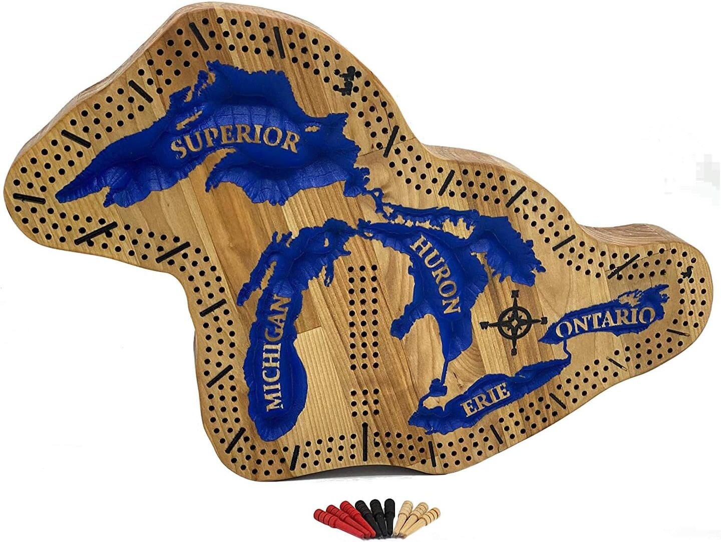Albertville Design - Handmade Wooden Michigan Cribbage Board with Great Lakes - Unique Gift