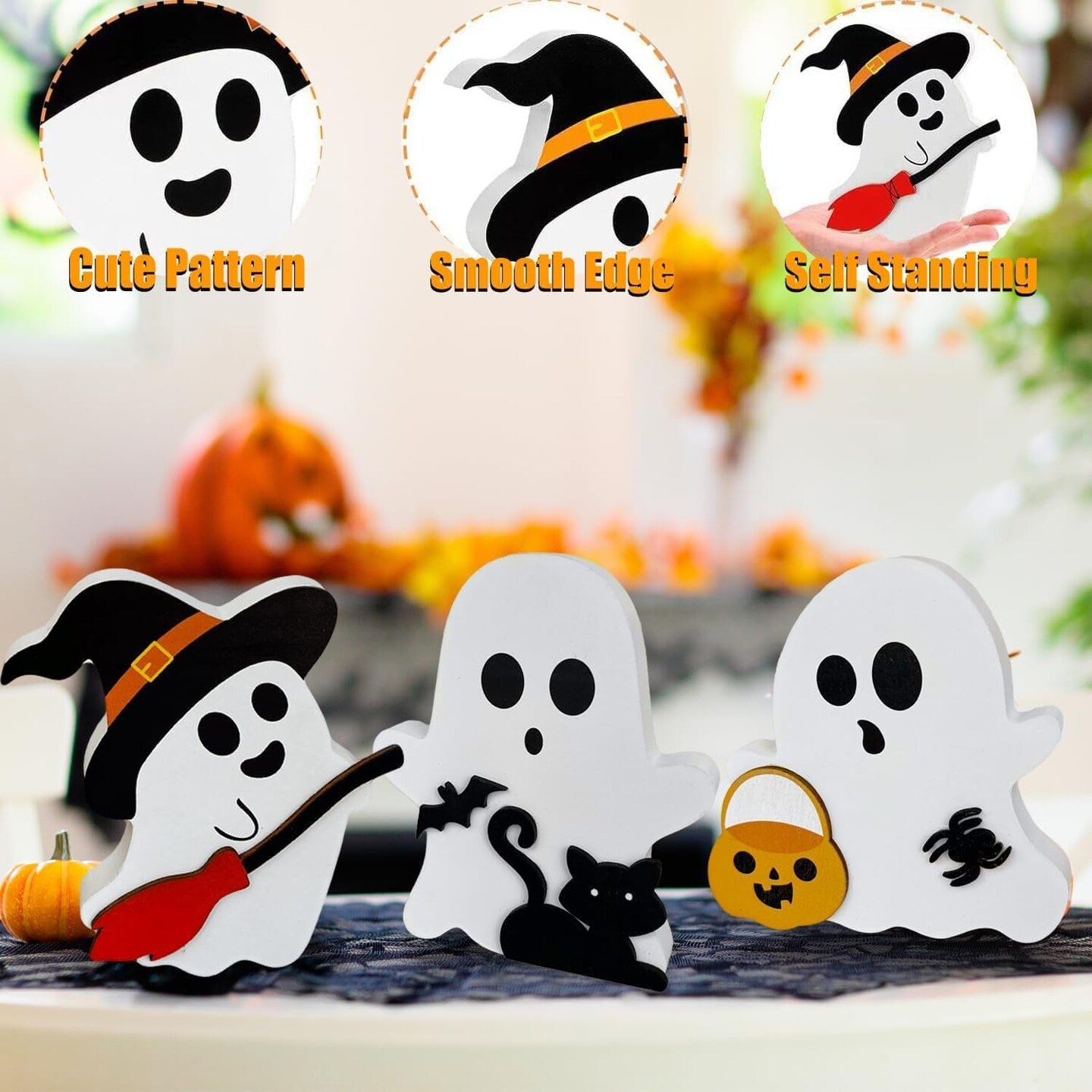 Cute Ghost Halloween Decorations for Indoors, Spooky Decorations, Wooden Tiered Tray Decor Table Sign, Black Cat, Bat, Witch Broom Signs, Pumpkin Blocks for Party Home Shelf Display