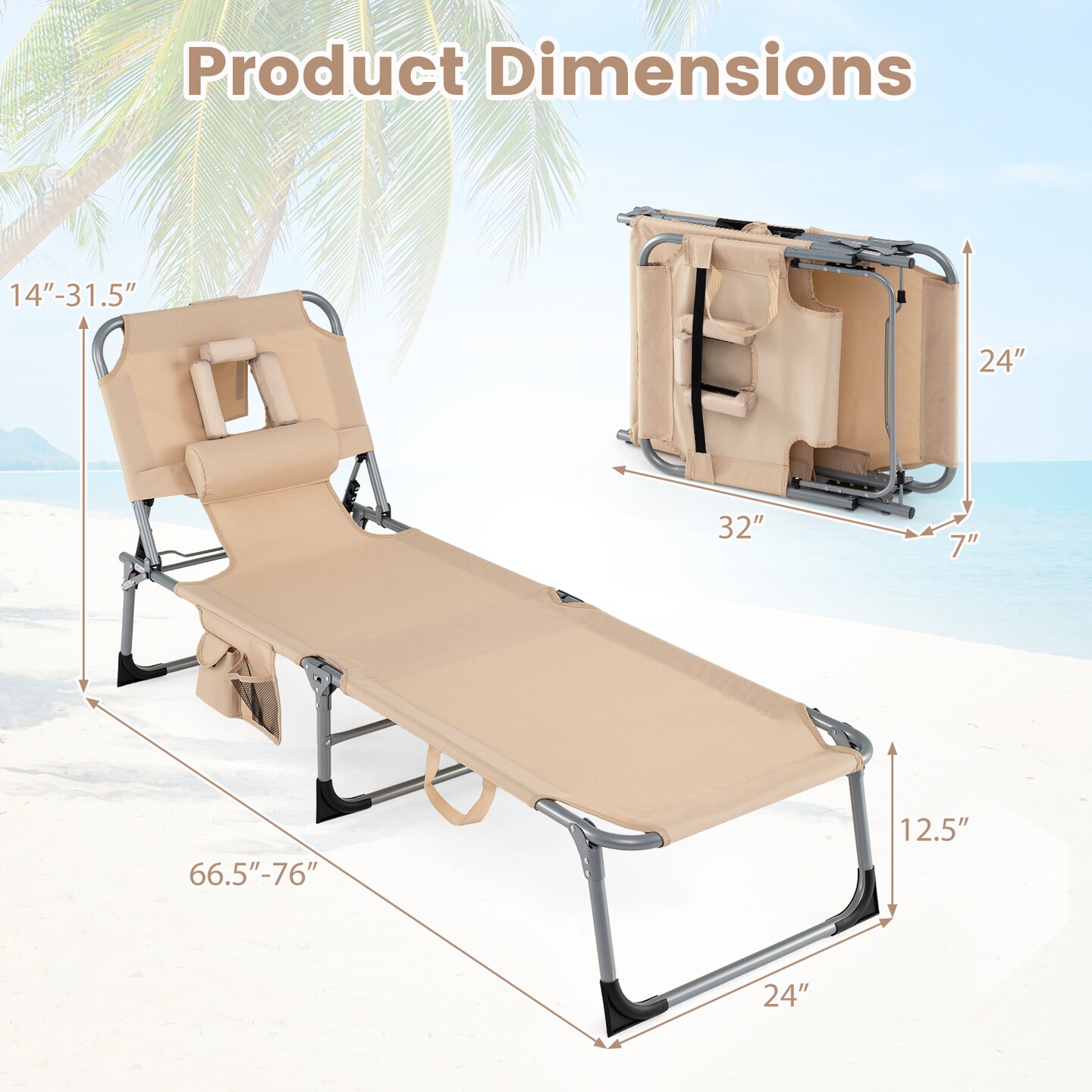 Goplus Outdoor Beach Lounge Chair Folding Chaise Lounge with Pillow Blue\Blue&Green\Black\Grey\Turquoise\Pink\Beige\Light Pink
