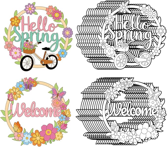 4 Pcs Spring Coloring Wreath Crafts, Color Your Own Flower Crafts, DIY Paper Wreath for Spring Home Activities Games. (Spring.24)