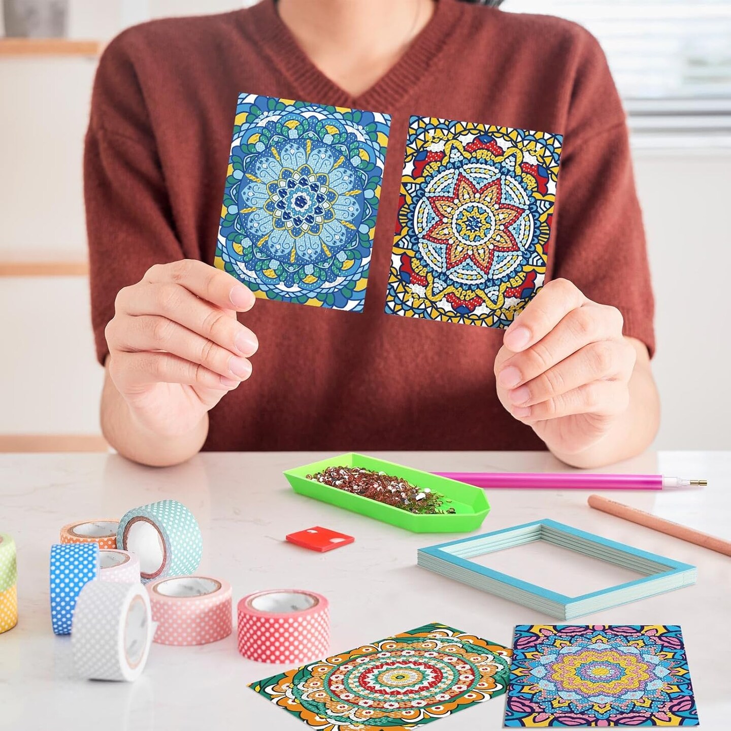 24-Piece Mini Diamond Painting Kit Set for Beginners – 12 Mandala Designs with Borders – Quick 1-Hour DIY Art for Home Décor, Desktop, 5.12x3.94 Inches