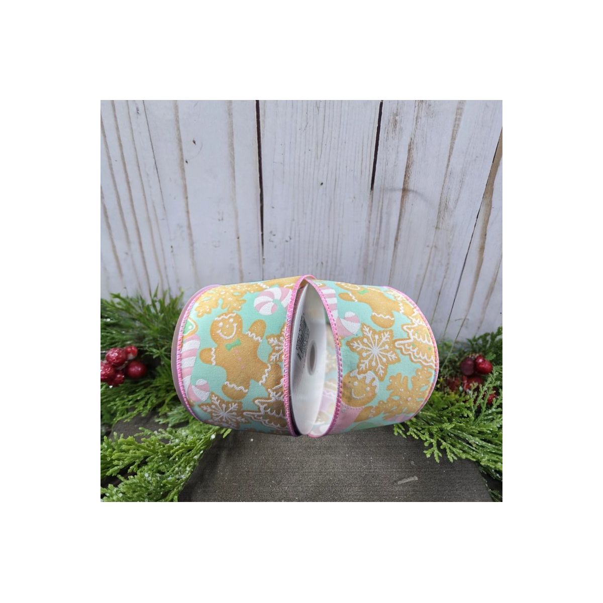 2.5&#x22; Gingerbread Cookies Ribbon: Pink &#x26; Mint (10 Yards)