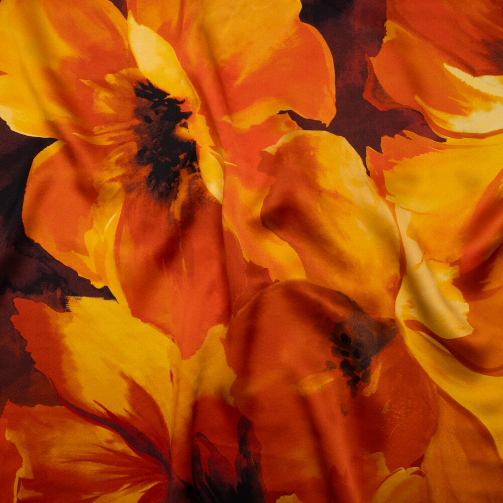 1 Yard Italian Dark Orange Golden Yellow and Russet Brown Painterly Flowers Silk Charmeuse Fabric 53 inch Width