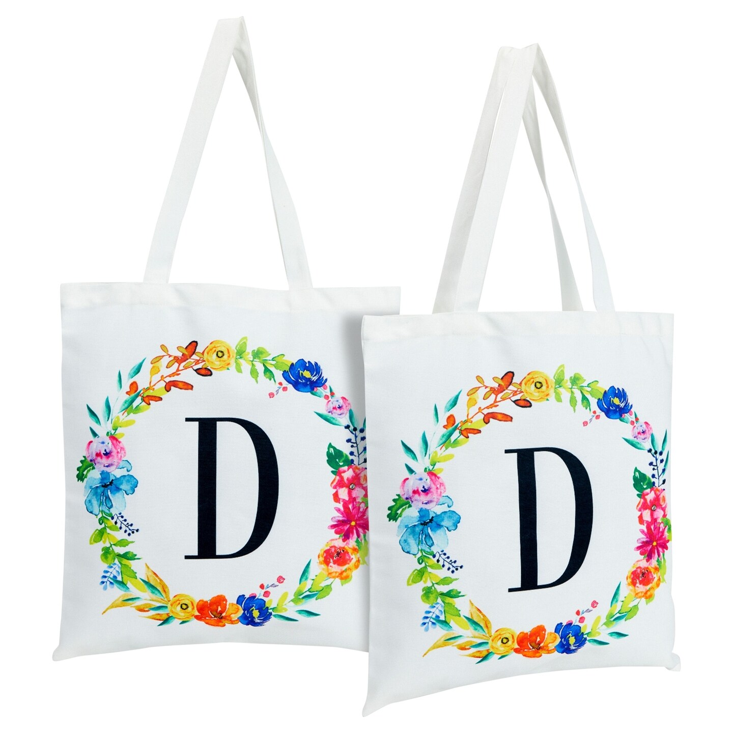 Set of 2 Reusable Monogram Letter D Personalized Canvas Tote Bags for Women, Floral Design (29 Inches)