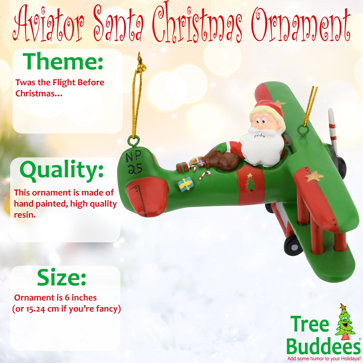 Large 6" Funny Aviator Santa Flying Plane Losing Presents Ornament