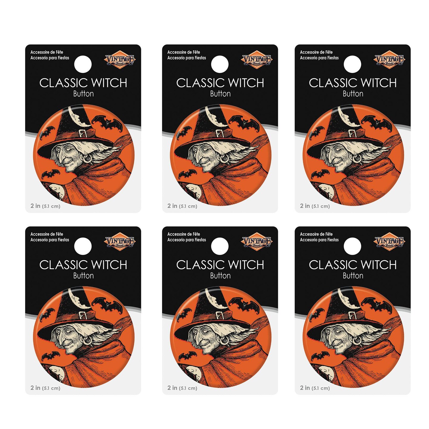 6 Pack Beistle Vintage Halloween Classic Witch Button
