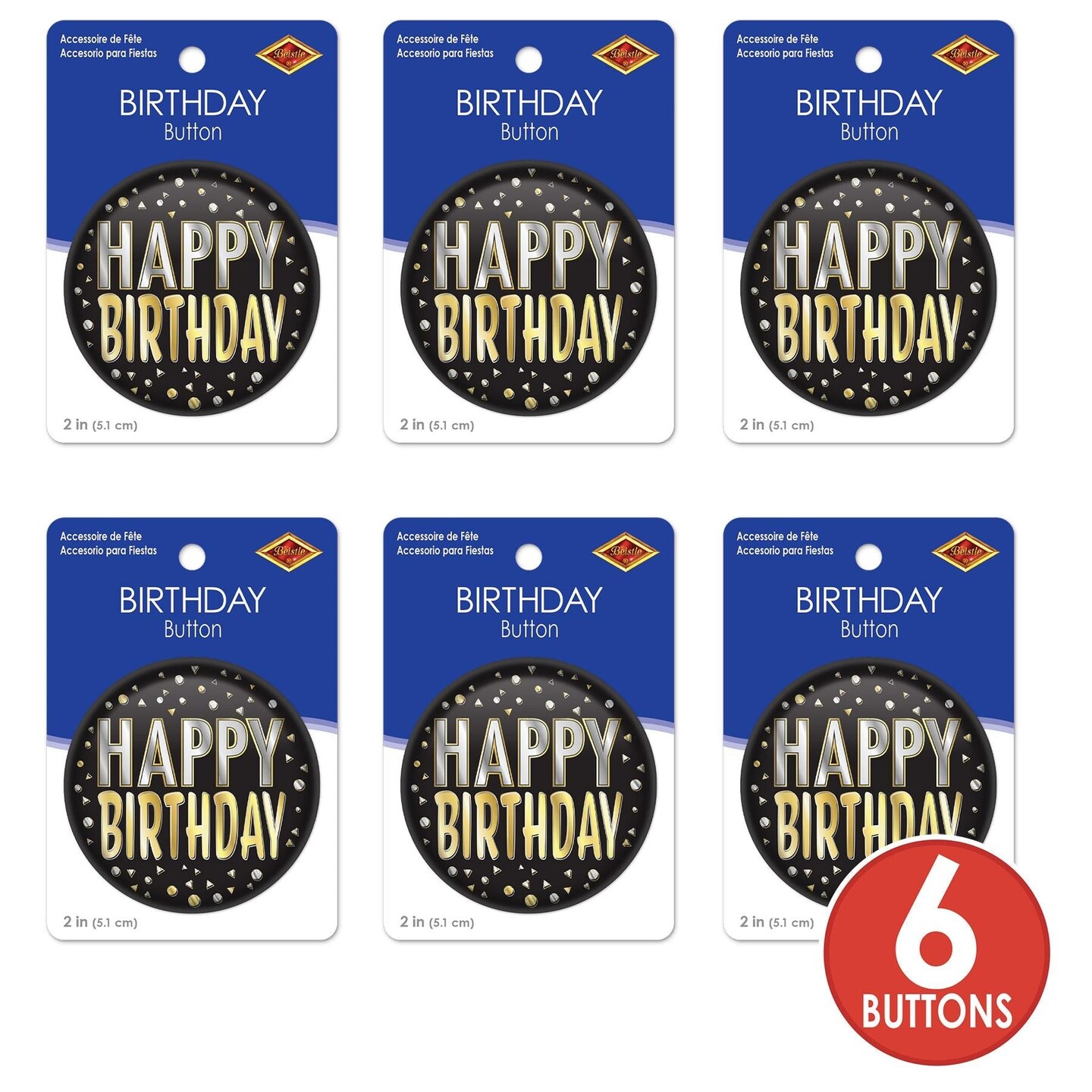 6 Pack Beistle Happy Birthday Button- Black