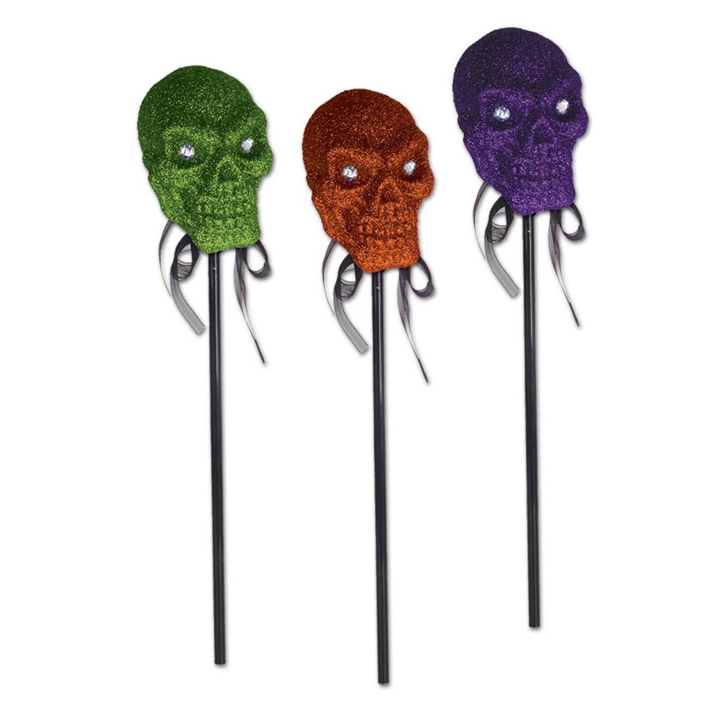 12 Pack Beistle Halloween Glittered Plastic Skull with Stick