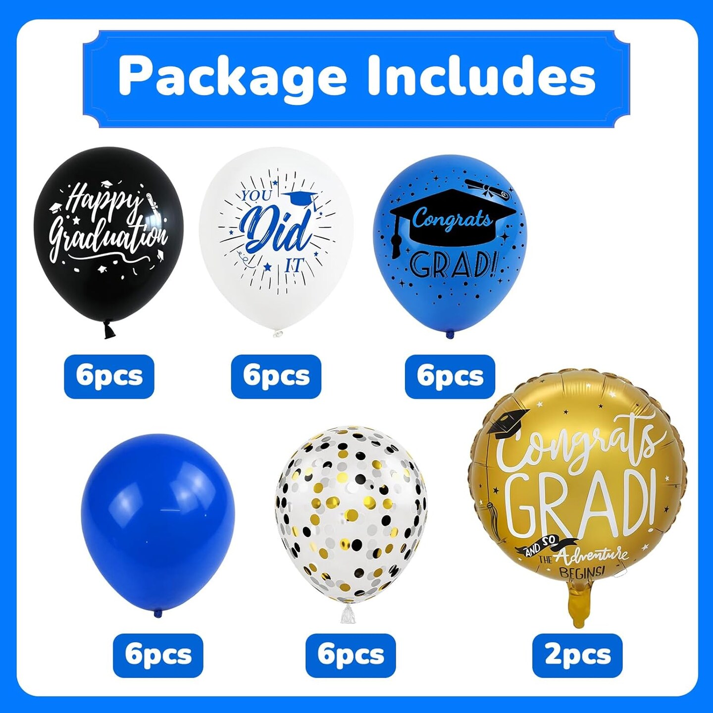 32Pcs Blue and Black Graduation Balloons 2026 - Navy, Black & White Latex Set with Confetti and Mylar Balloons - Class of 2026 Congrats Grad Party Decorations for High School and College