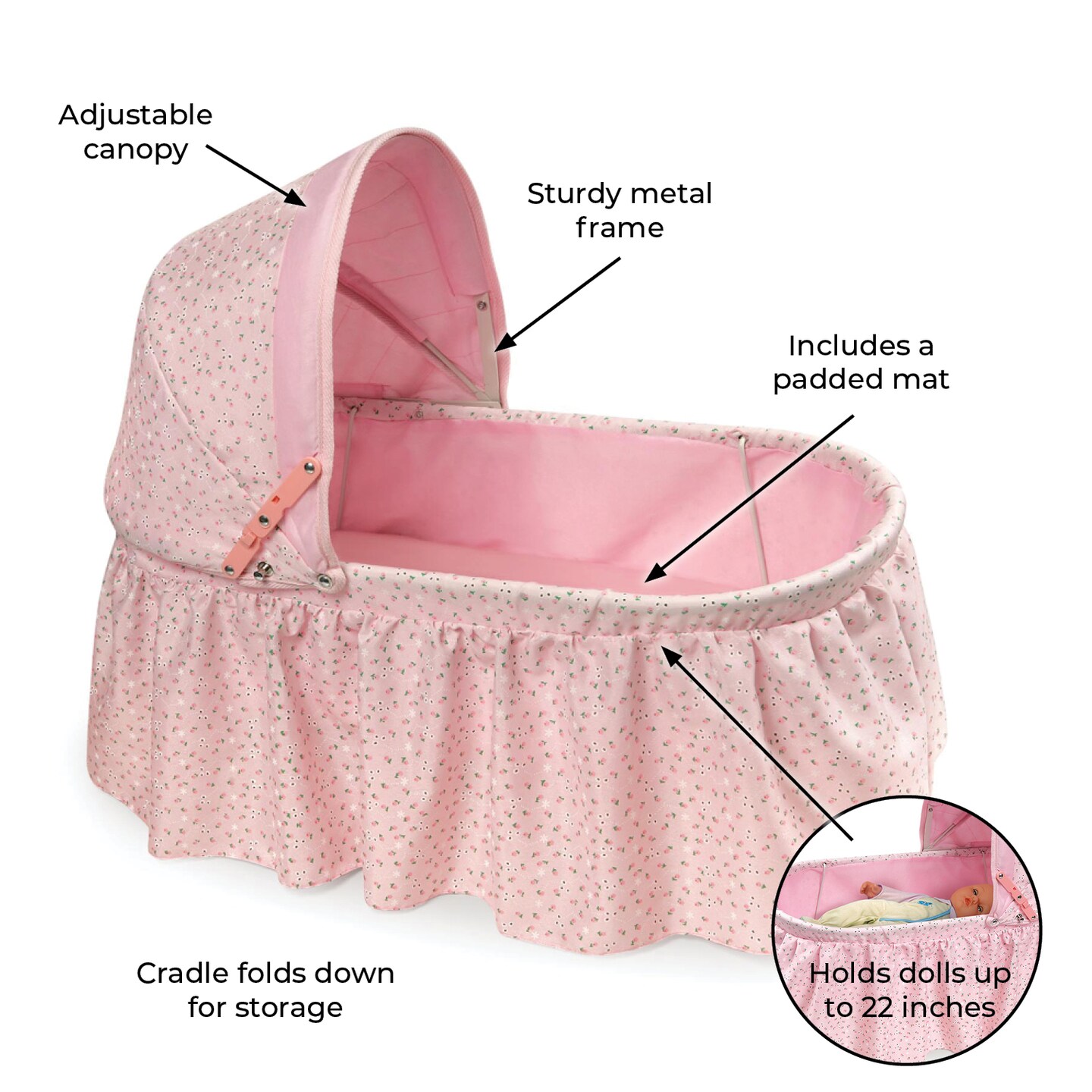 Badger Basket Folding Doll Cradle with Hood - Pink/Rosebud