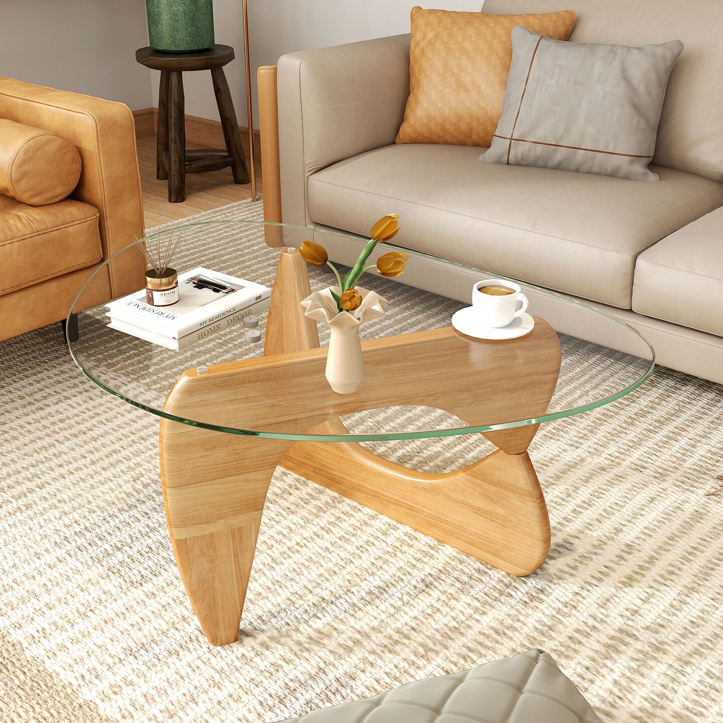 Natural Glass Coffee Table with Adjustable Wood Base, Modern Triangle