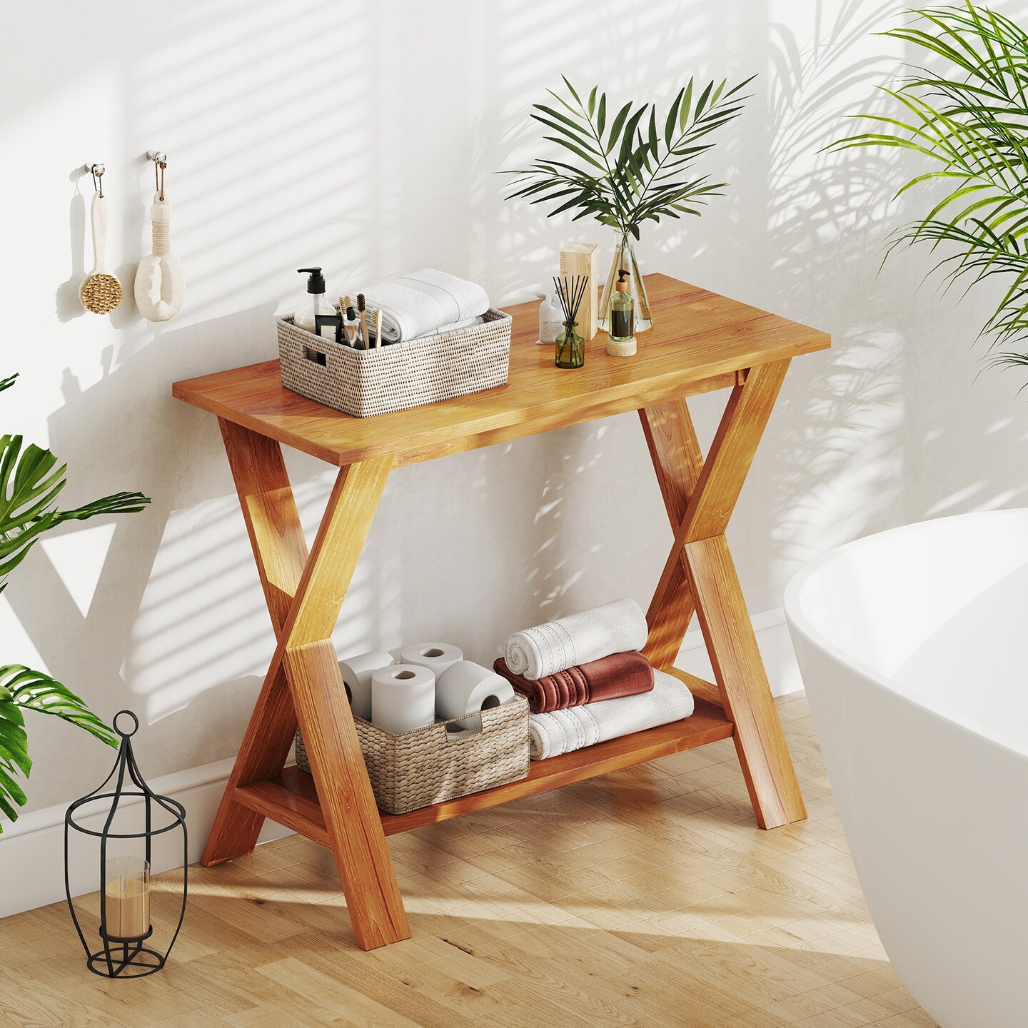 Teak Wood Natural Console Table with Storage Shelf, Waterproof Surface and Sturdy Design