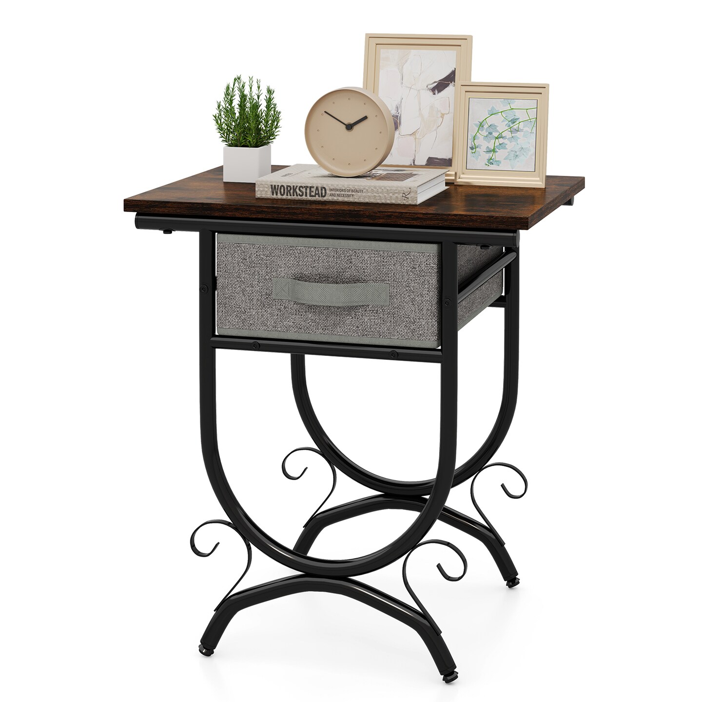 Engineered Wood Metal Side Table with Fabric Drawer and Adjustable Feet