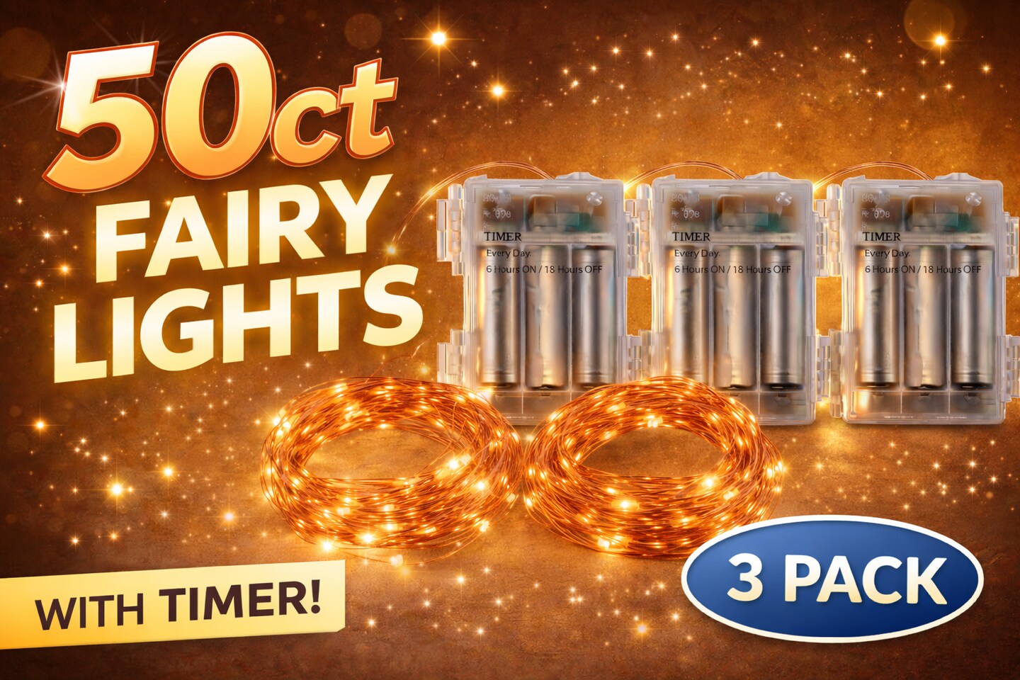 3 Pack Warm White Fairy Lights with Timer – 50 Count Copper Wire String Lights, Battery Operated, 16ft Each, 6hr On/18hr Off