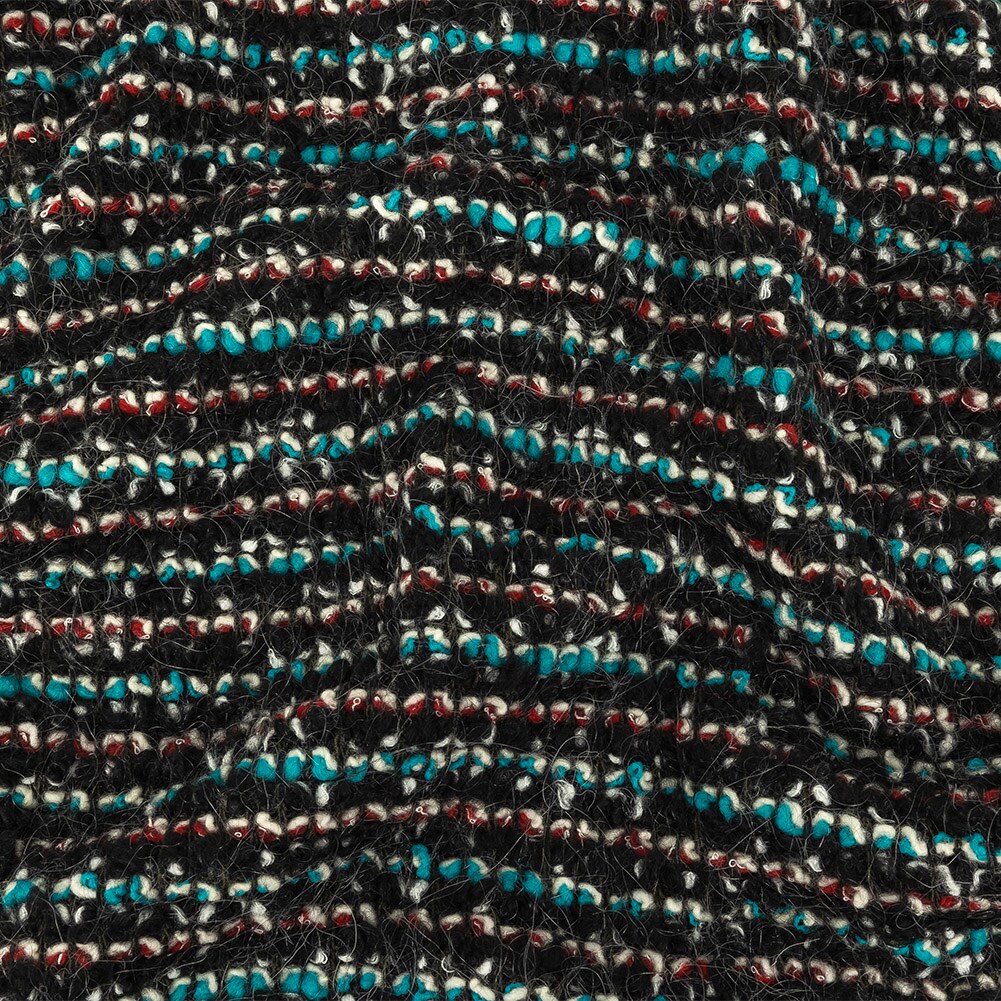 1 Yard Black, Red, and Algiers Blue Boucled Wool Knit 52&#x2019;&#x2019; Width