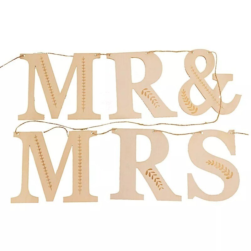 Natural Wooden Mr & Mrs Pre-Strung Letter Garland Wedding Banner Party Events
