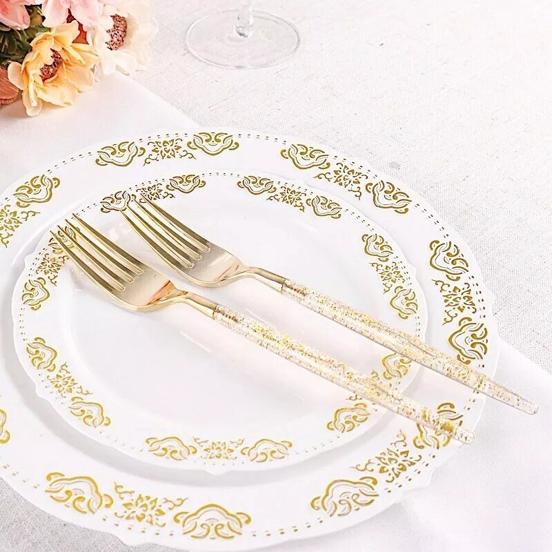 24 Clear 8.5&#x22; Plastic Forks Gold Glittered Handle Disposable Party Tableware