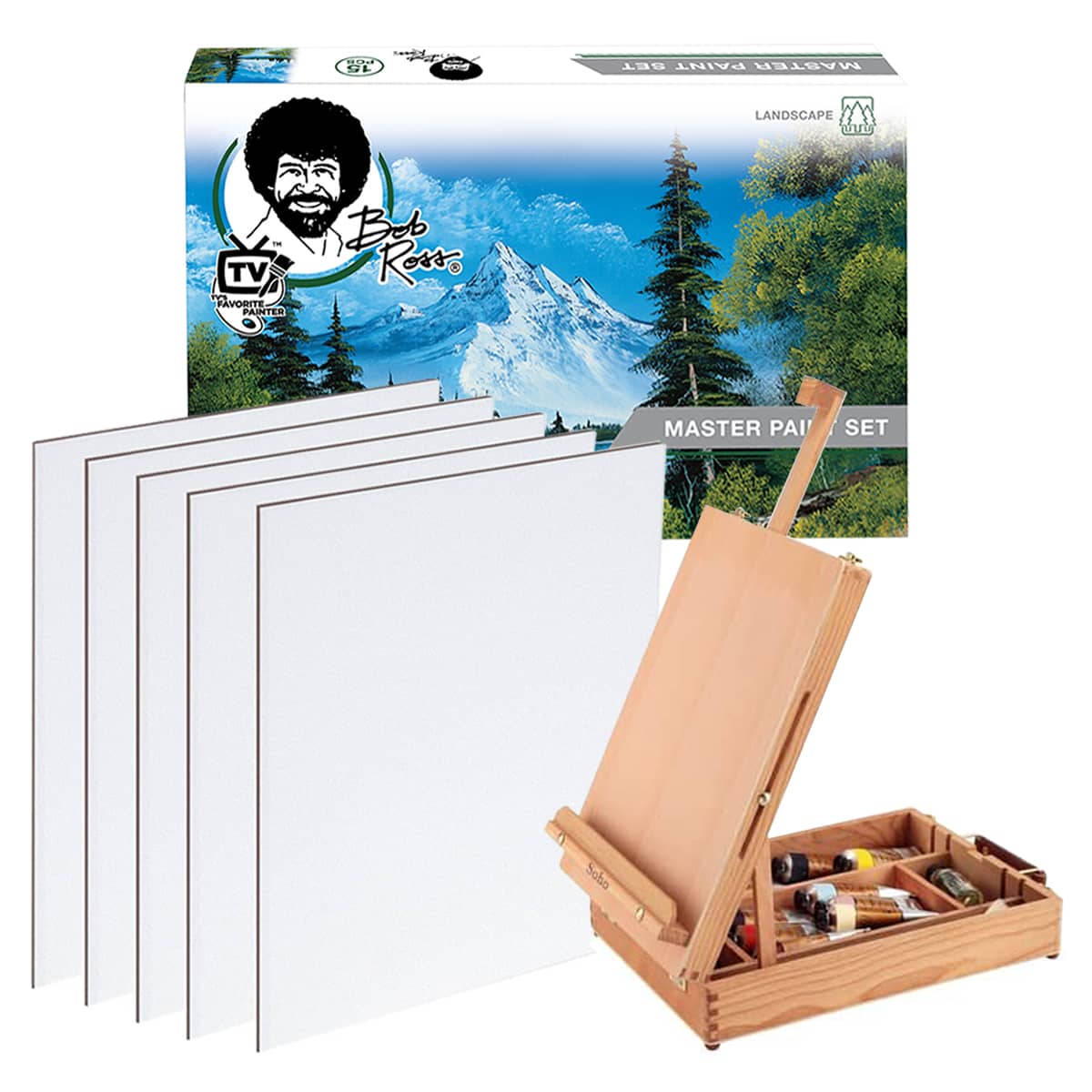 Master Artist Oil Paint Set Includes Wood Art Supply Carrying Case Sketchbox w/ Easel &#x26; 5-Pack 12x16 Canvas Panels For Painting