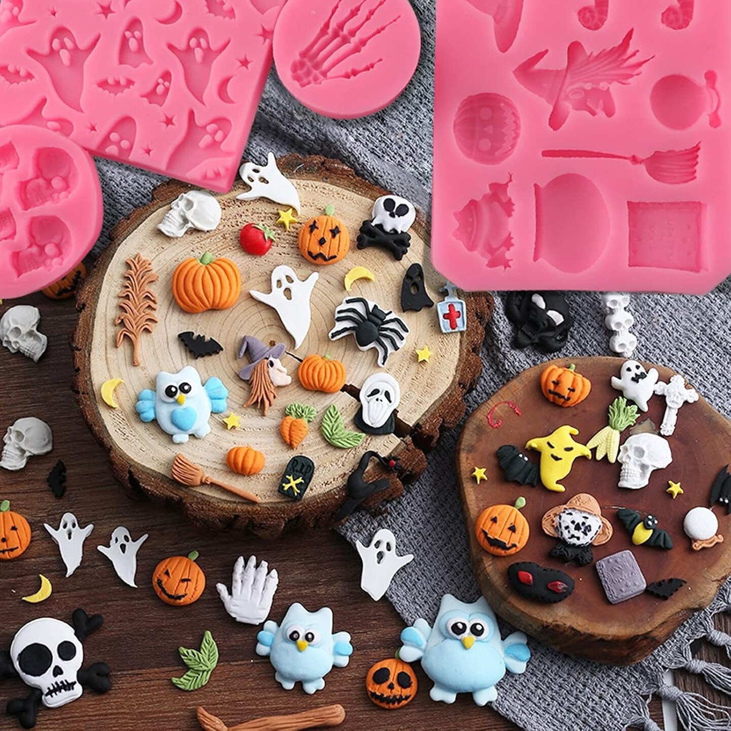 Halloween Silicone Mold 7 Pack Pumpkin Silicone Cake Mold Cupcake Chocolate Mold Skull Batskeleton Hand Bat Ghost Witch Candy Mold for Halloween Party