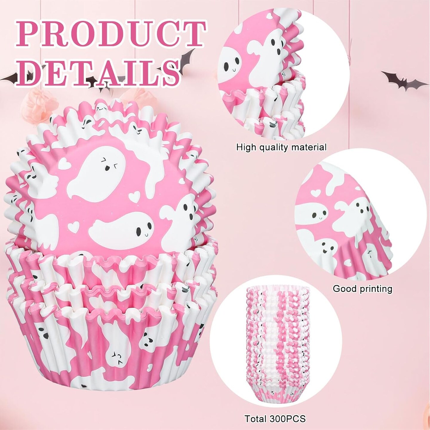 300Pcs Halloween Cupcake Liners Pink Ghost Baking Cups Wrappers Greaseproof Muffin Liners for Halloween Party Supplies