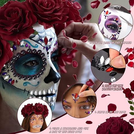 7 Pcs Day of the Dead Face Gems Tattoo and Floral Crown Garland Set, Makeup Halloween Temporary Rhinestone Stick on Skull Tattoo Stickers Red Rose Headband Headpiece for Women Girl Costume